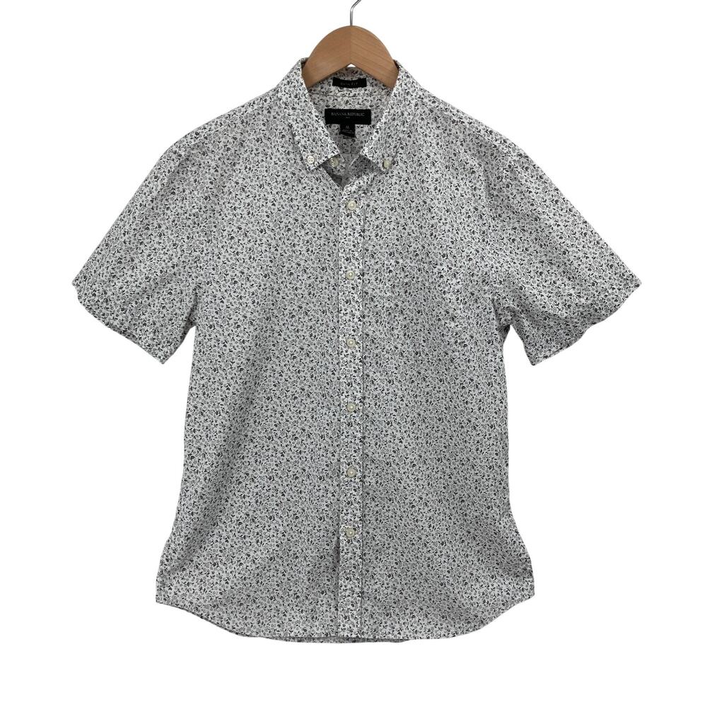 Banana Republic Mens M Slim Fit Floral Short Sleeve Button Down Shirt White Gray